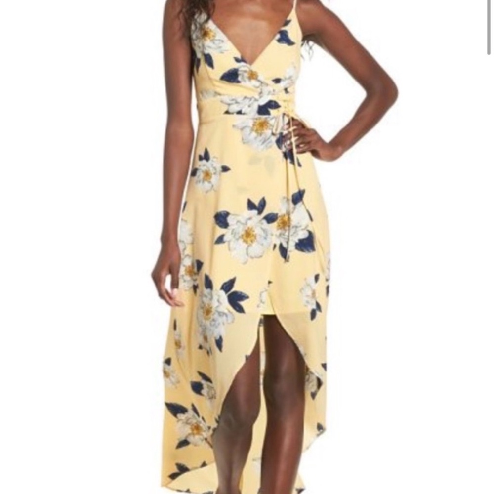 J.O.A. Yellow Floral Faux Wrap Hi-Low Dress